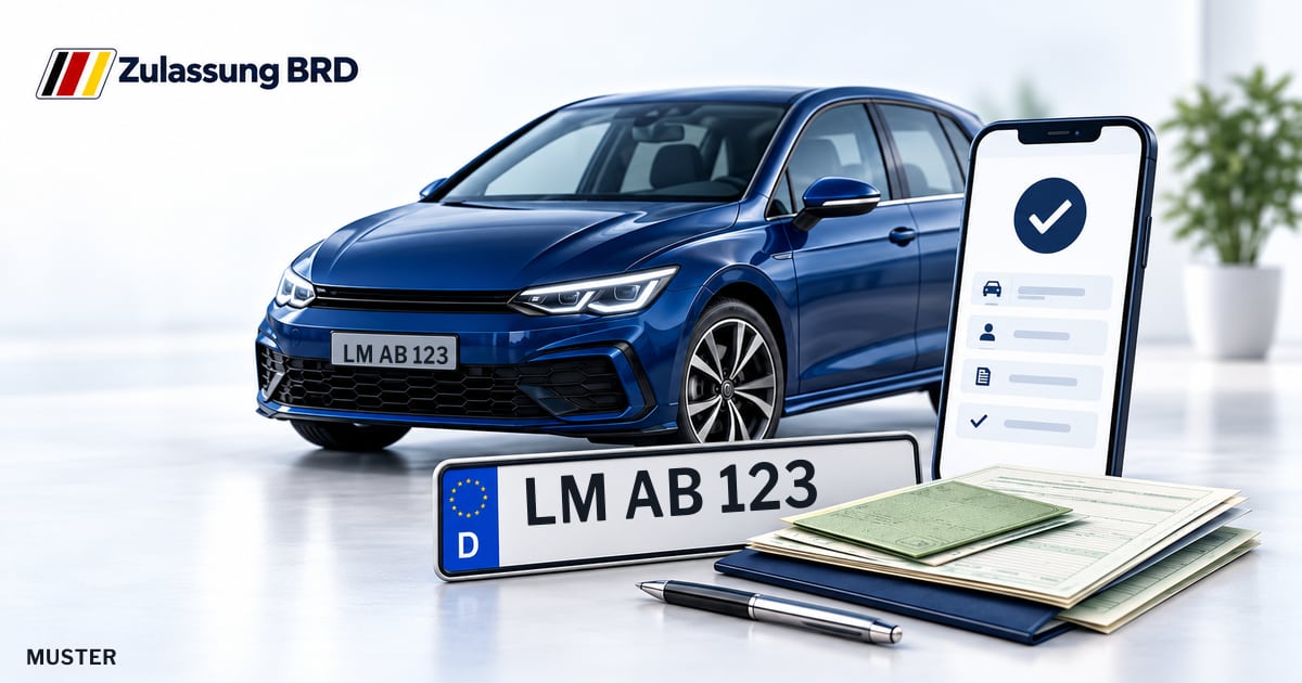 Online Fahrzeugzulassung in Weilmünster: Musterkennzeichen LM AB 123, Auto und Fahrzeugpapiere und Smartphone. Illustration mit Logo von Zulassung BRD.